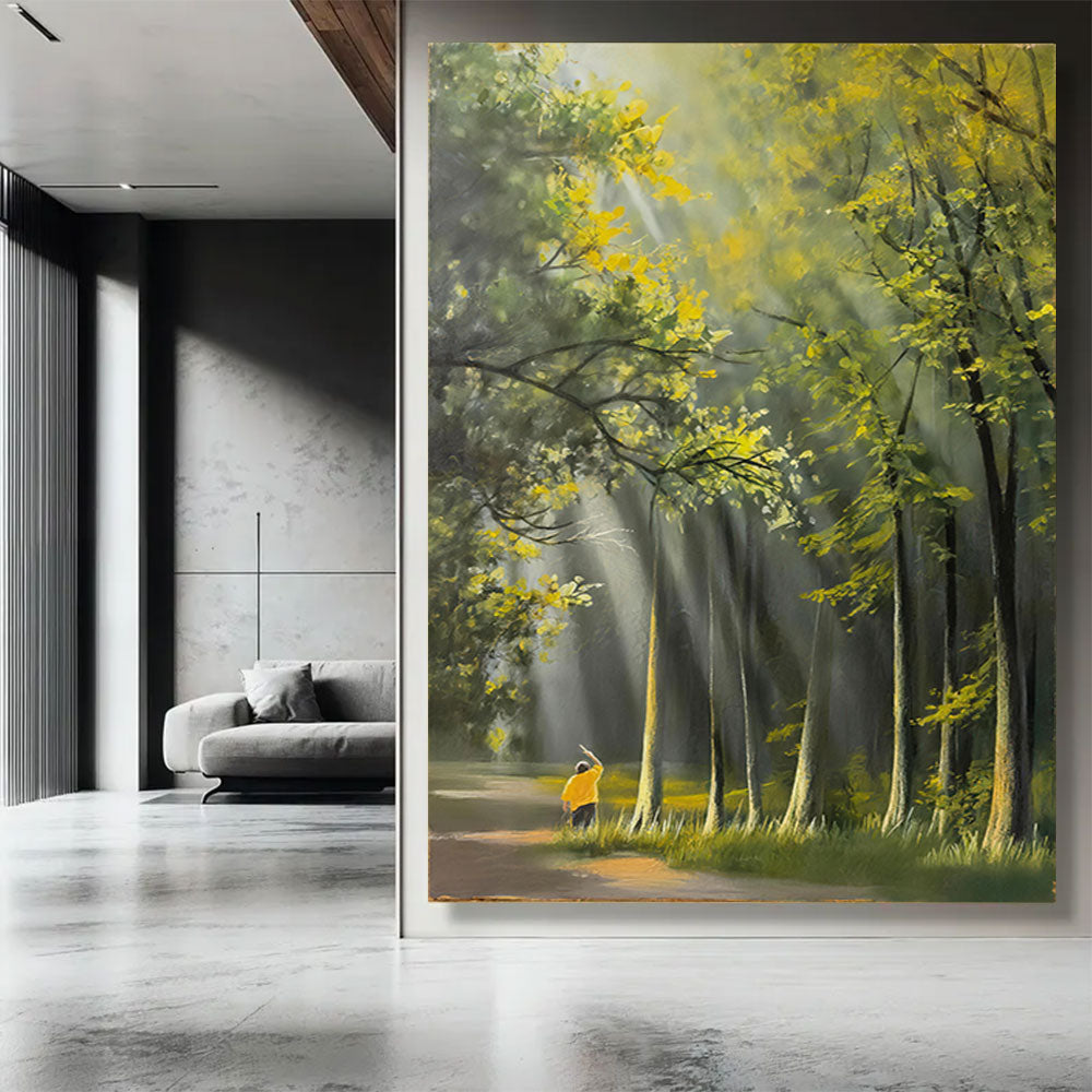Sunbeams Through the Grove canvas wall art, styled room mockup 4.