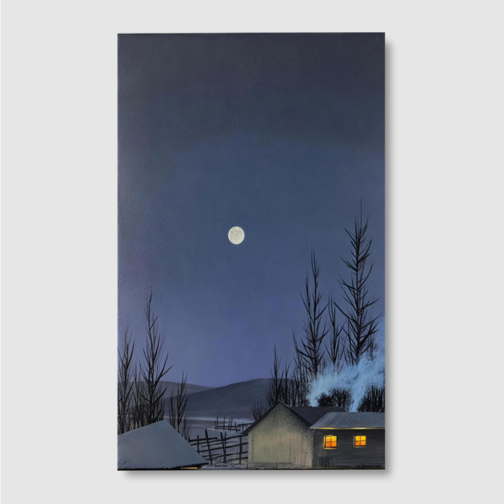 Winter Cabin Moon canvas wall art, front product mockup on a light background.