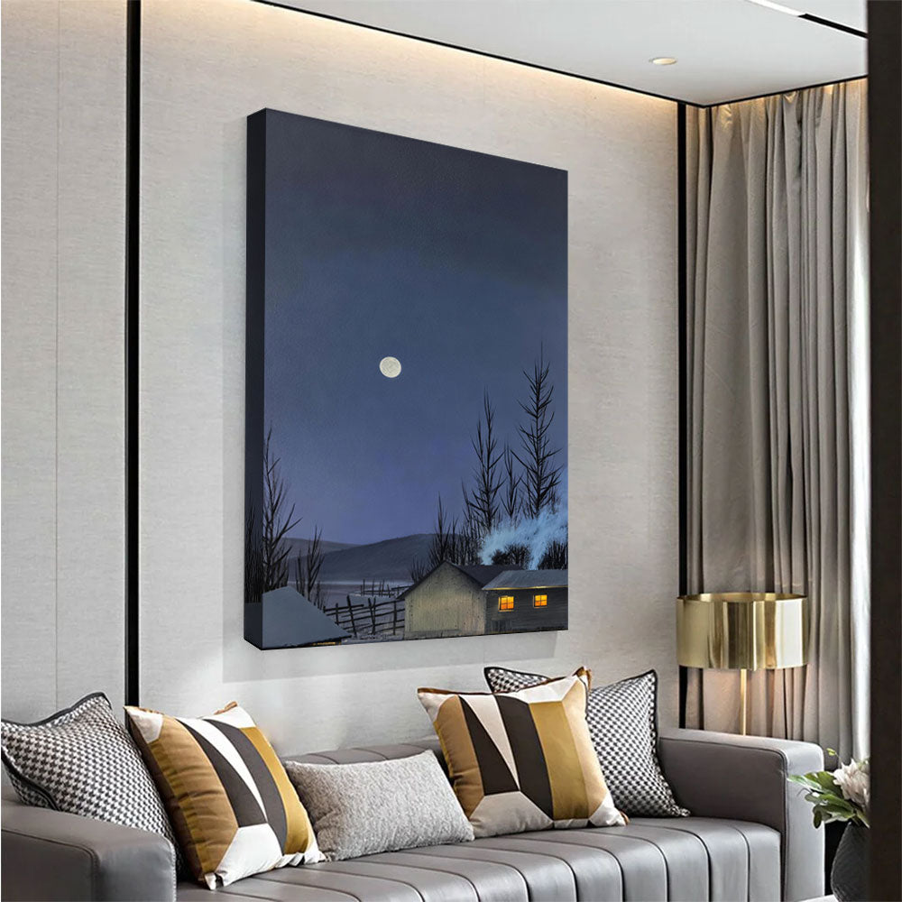 Winter Cabin Moon canvas wall art, styled room mockup 1.