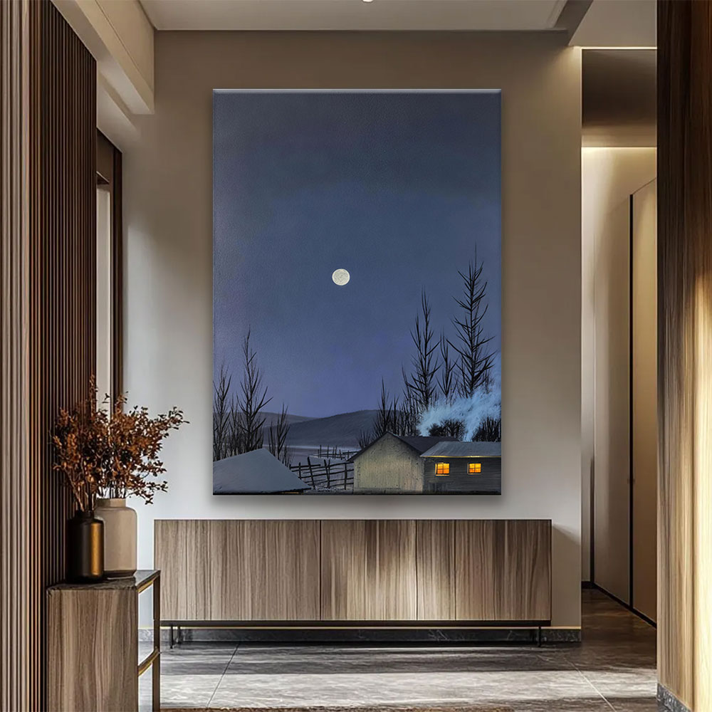 Winter Cabin Moon canvas wall art, styled room mockup 3.