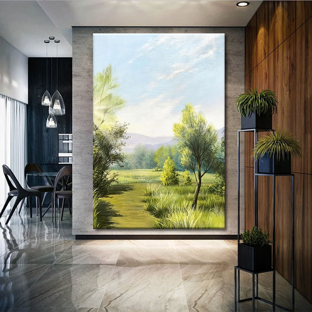 Sunlit Meadow Path canvas wall art, styled room mockup 2.
