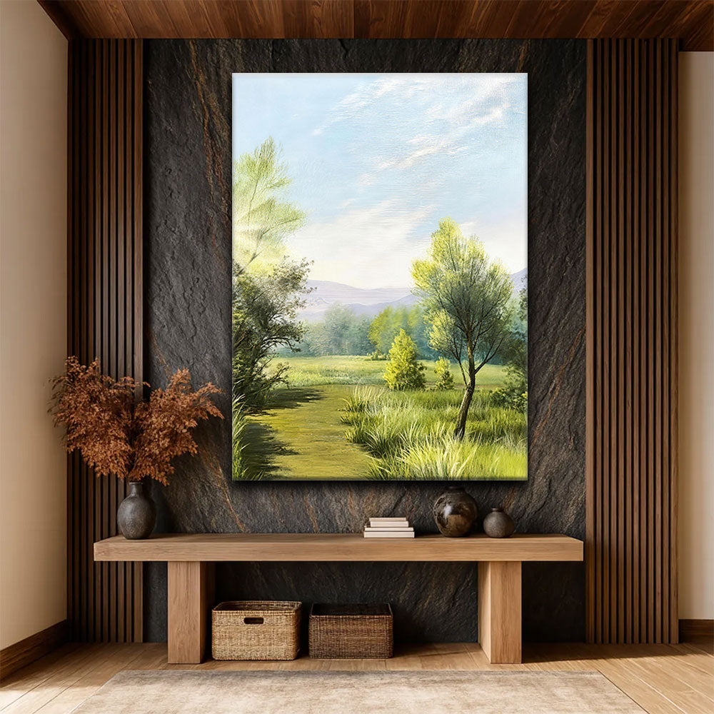 Sunlit Meadow Path canvas wall art, styled room mockup 3.