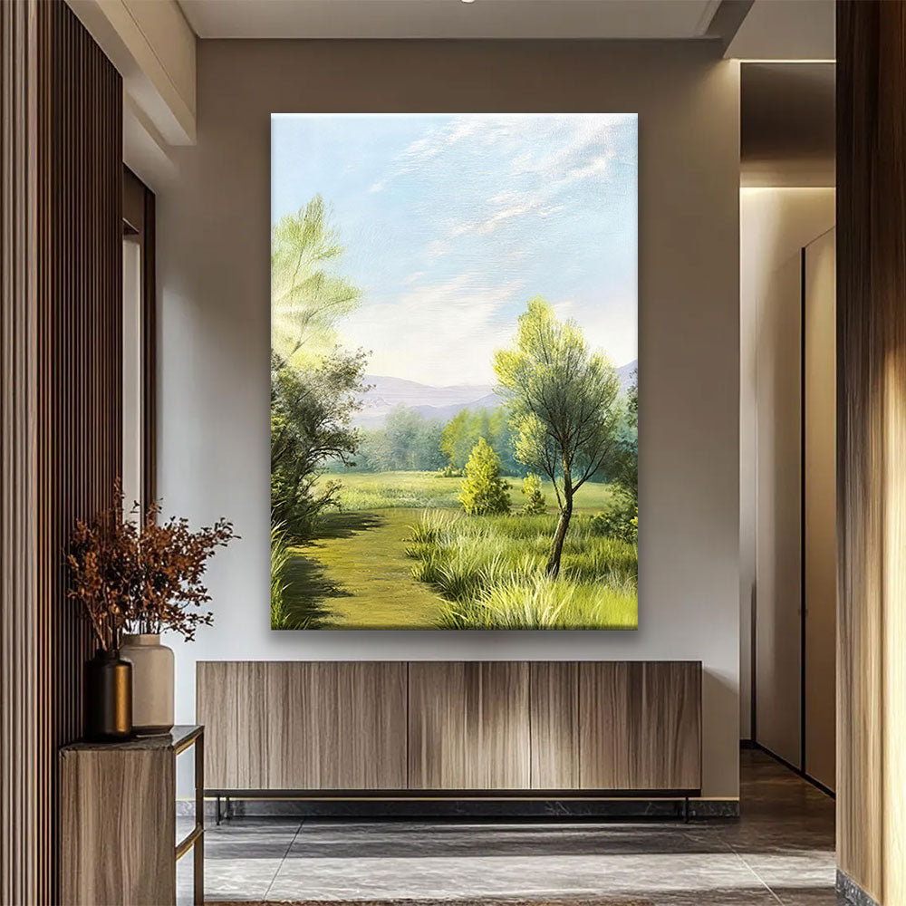 Sunlit Meadow Path canvas wall art, styled room mockup 4.