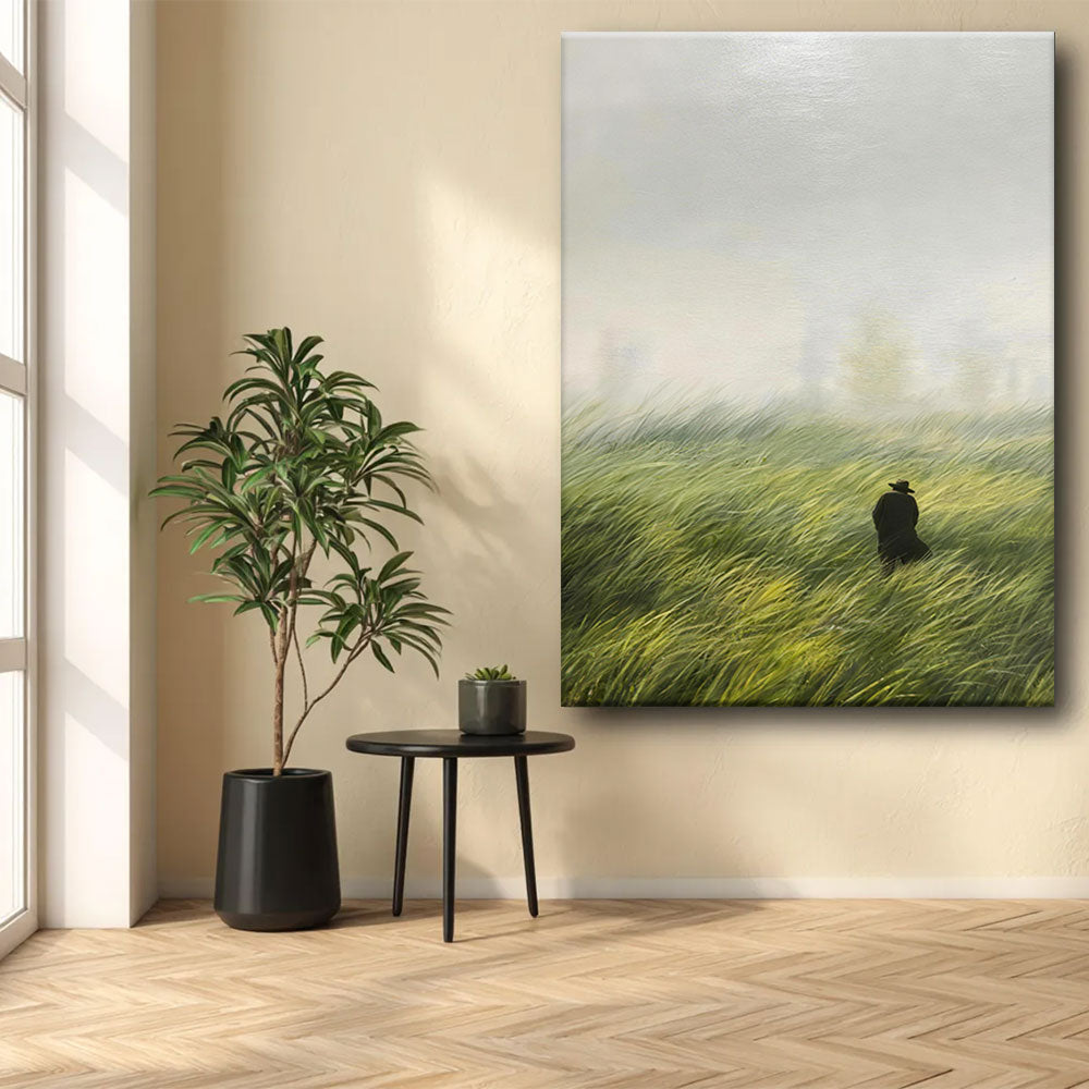 Figure in the Wind canvas wall art, styled room mockup 3.