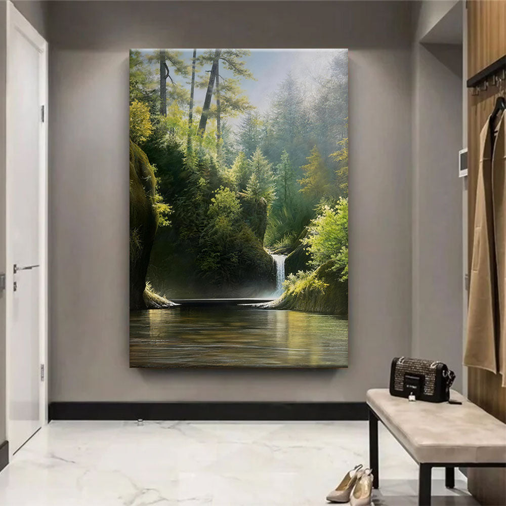 Hidden Forest Falls canvas wall art, styled room mockup 2.
