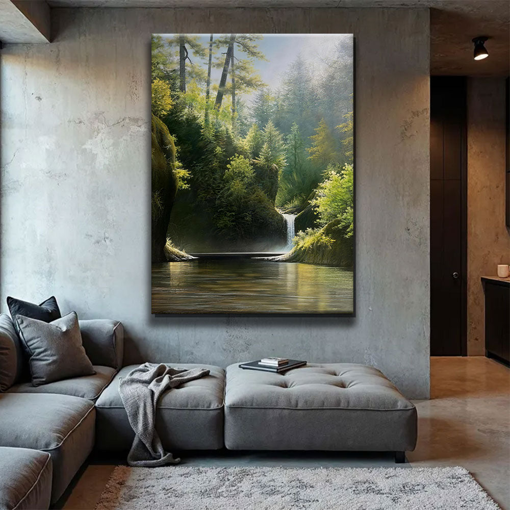 Hidden Forest Falls canvas wall art, styled room mockup 3.