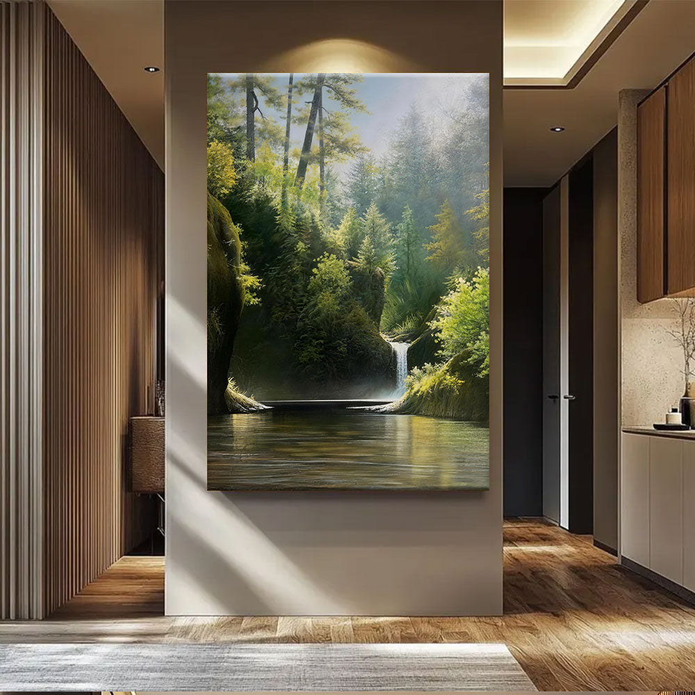 Hidden Forest Falls canvas wall art, styled room mockup 4.