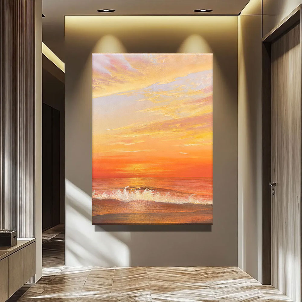 Apricot Ocean Sunset canvas wall art, styled room mockup 1.