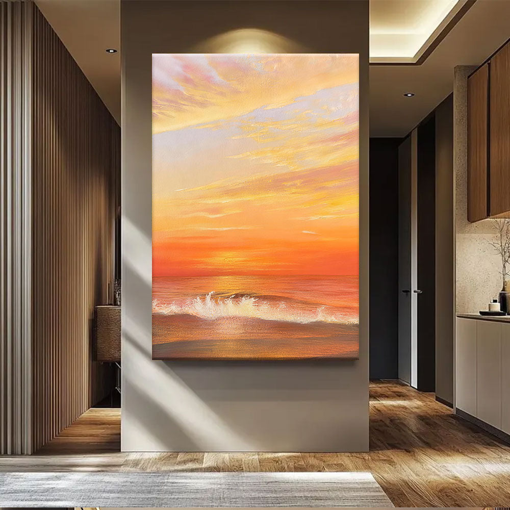 Apricot Ocean Sunset canvas wall art, styled room mockup 2.