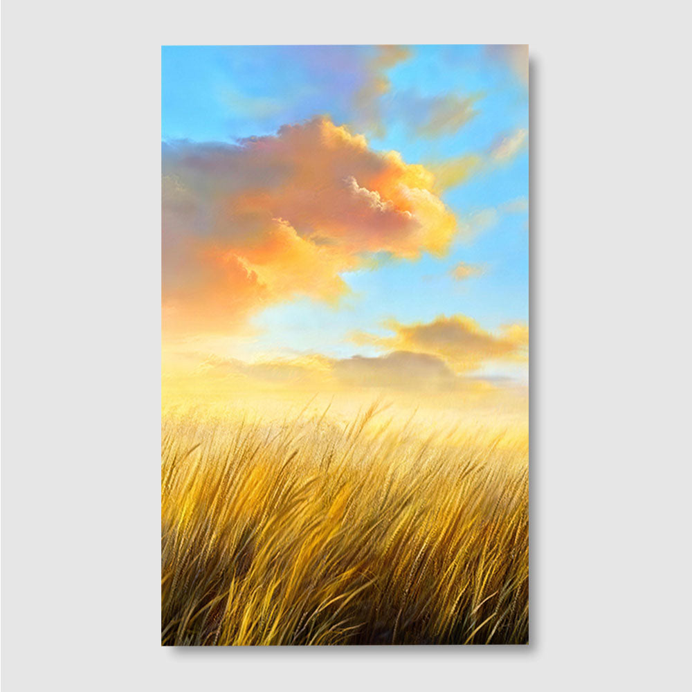 Golden Grass and Clouds canvas wall art, front product mockup on a light background.