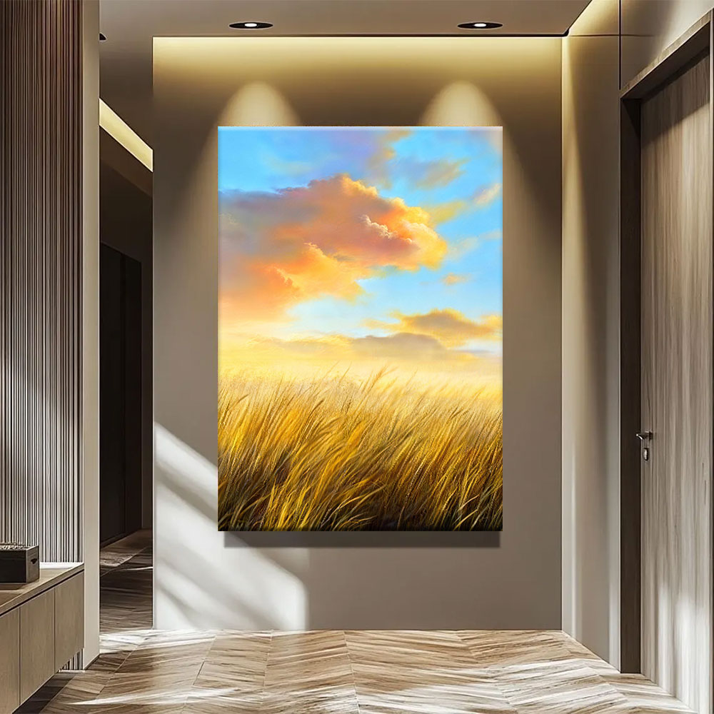 Golden Grass and Clouds canvas wall art, styled room mockup 1.
