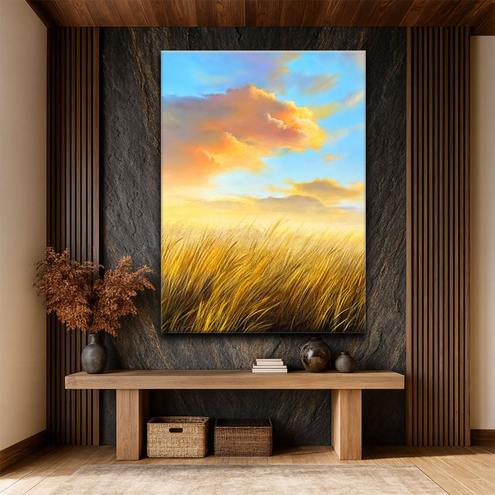 Golden Grass and Clouds canvas wall art, styled room mockup 2.