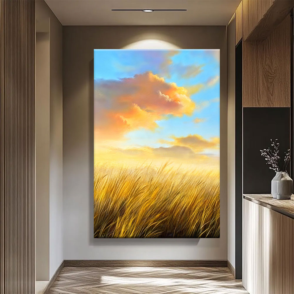 Golden Grass and Clouds canvas wall art, styled room mockup 3.