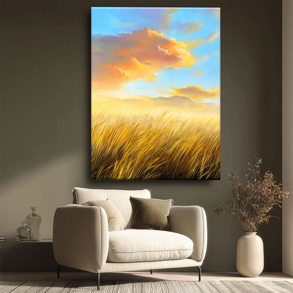 Golden Grass and Clouds canvas wall art, styled room mockup 4.