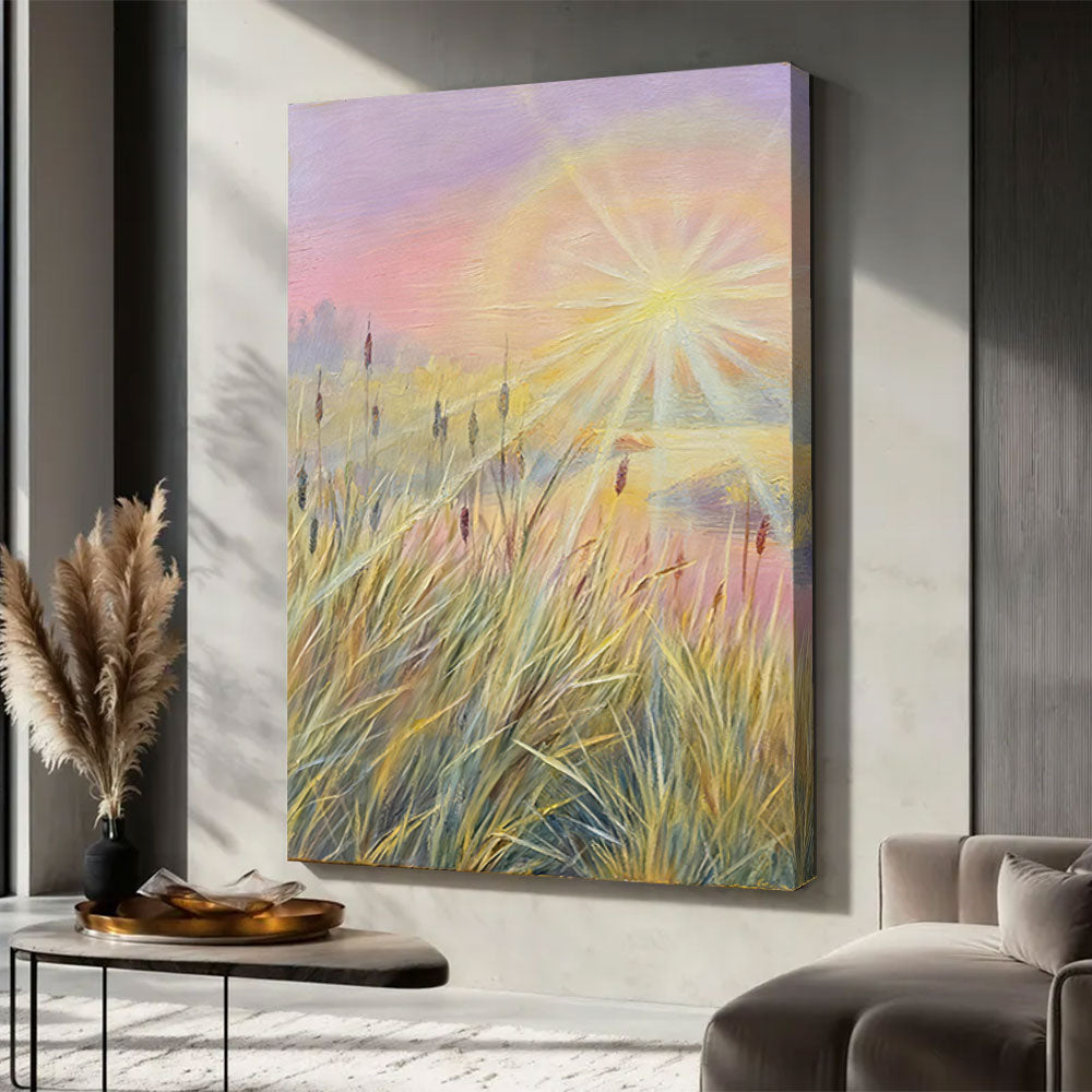 Pastel Light in the Reeds canvas wall art, styled room mockup 1.