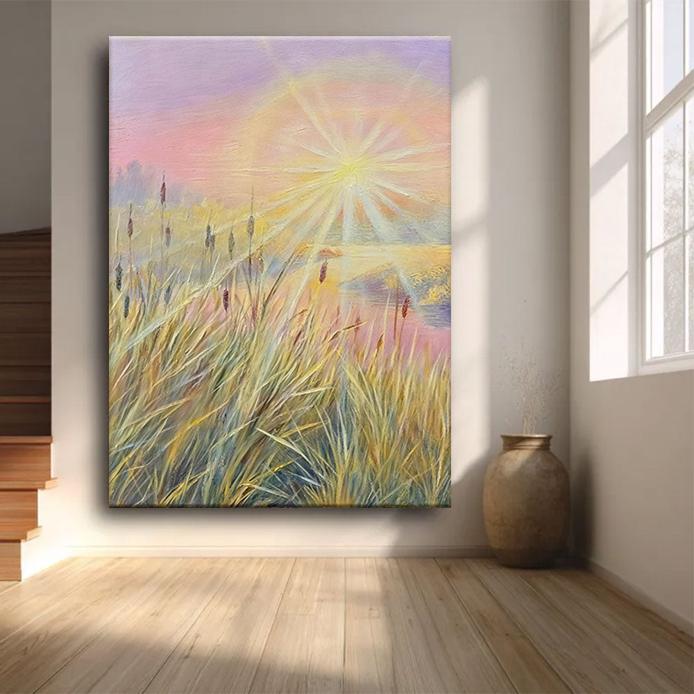 Pastel Light in the Reeds canvas wall art, styled room mockup 2.