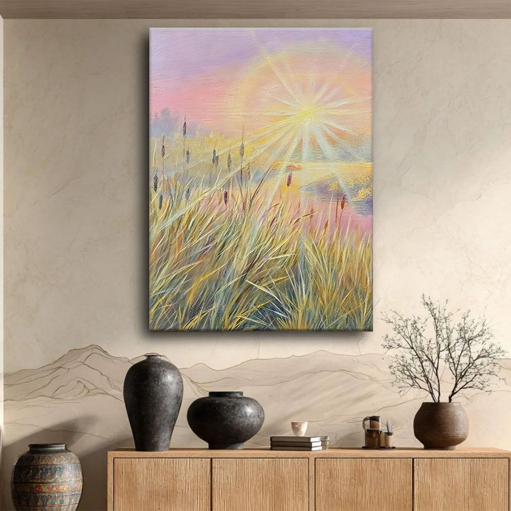 Pastel Light in the Reeds canvas wall art, styled room mockup 4.