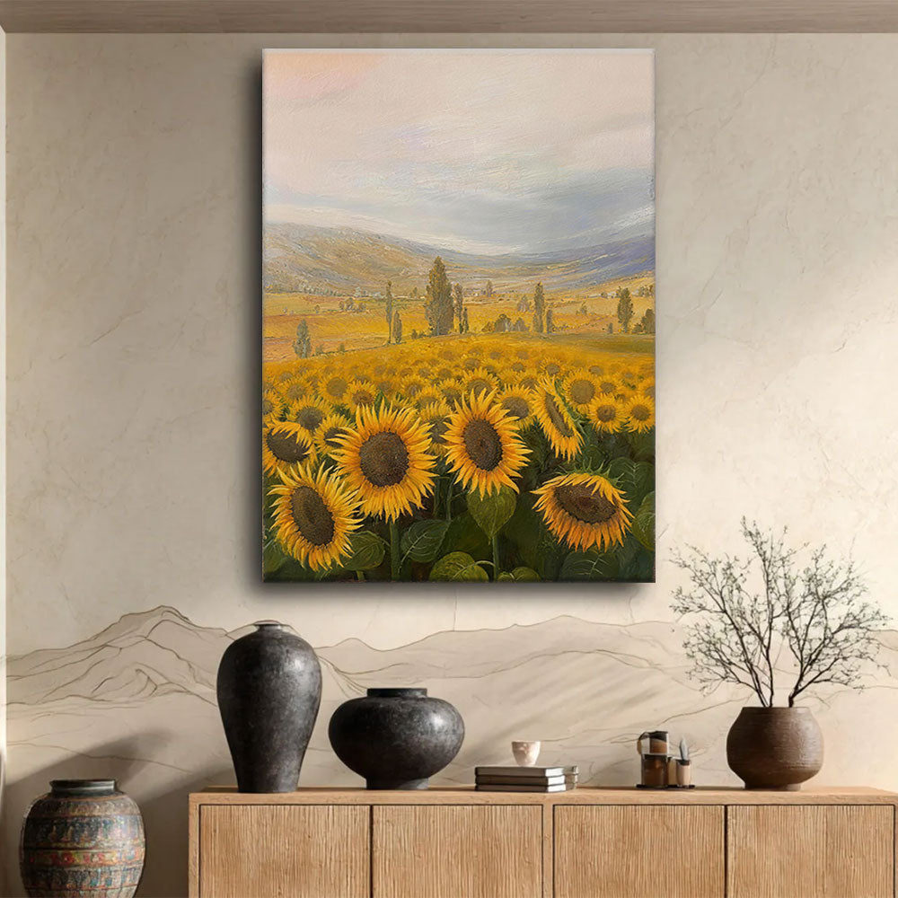 Sunflower Country Morning canvas wall art, styled room mockup 1.