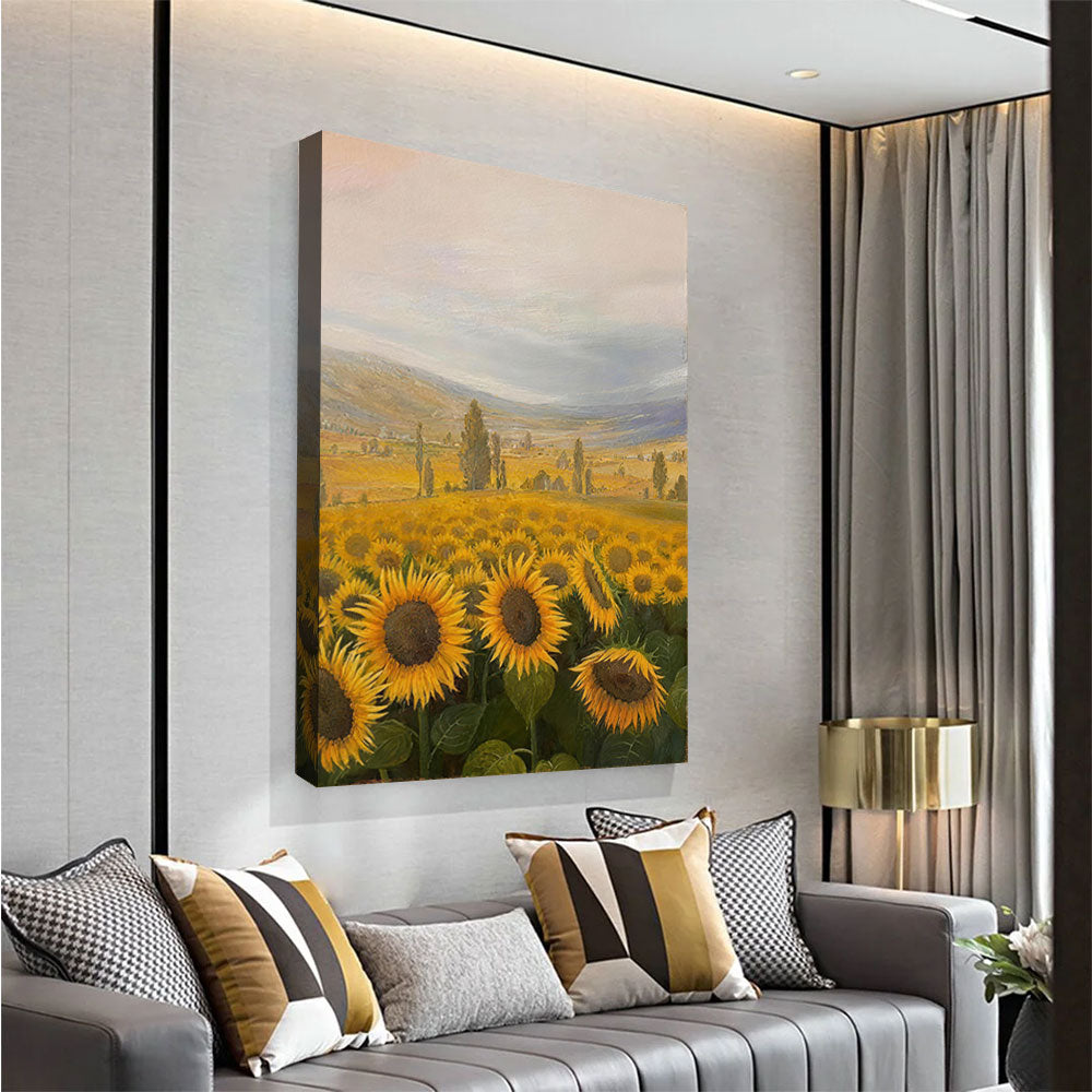 Sunflower Country Morning canvas wall art, styled room mockup 2.