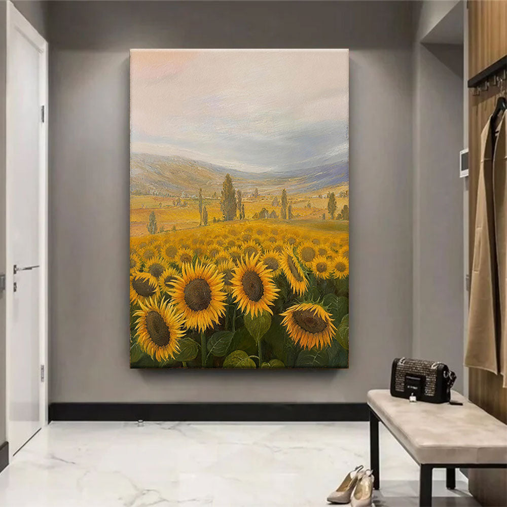 Sunflower Country Morning canvas wall art, styled room mockup 4.