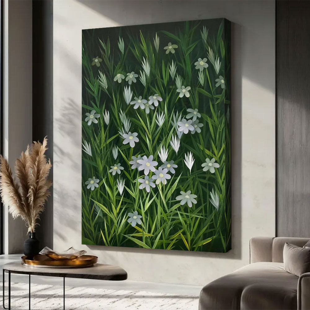 White Flowers in Deep Green canvas wall art, styled room mockup 1.