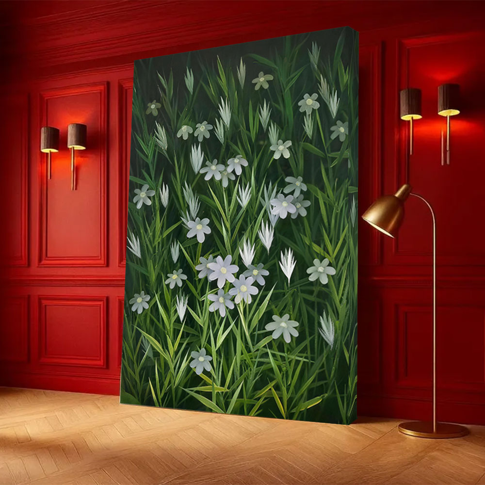 White Flowers in Deep Green canvas wall art, styled room mockup 2.