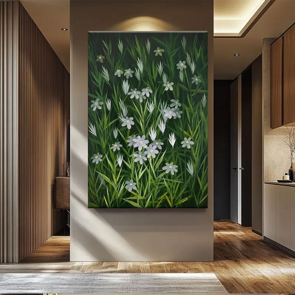 White Flowers in Deep Green canvas wall art, styled room mockup 3.
