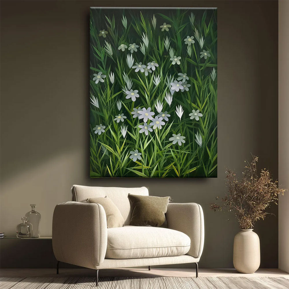 White Flowers in Deep Green canvas wall art, styled room mockup 4.