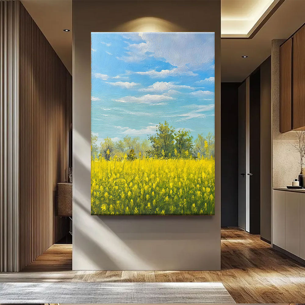 Yellow Fields Under Blue Sky canvas wall art, styled room mockup 2.