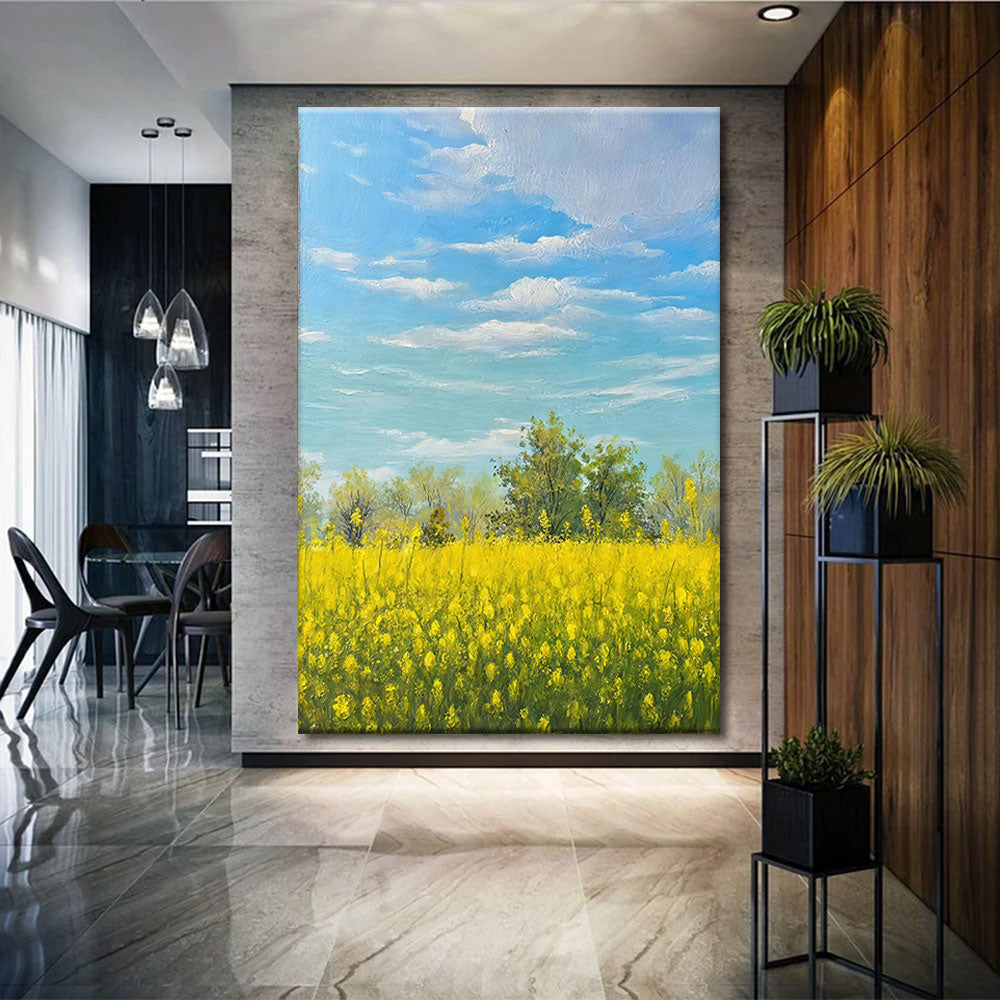 Yellow Fields Under Blue Sky canvas wall art, styled room mockup 3.