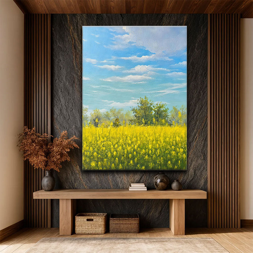 Yellow Fields Under Blue Sky canvas wall art, styled room mockup 4.
