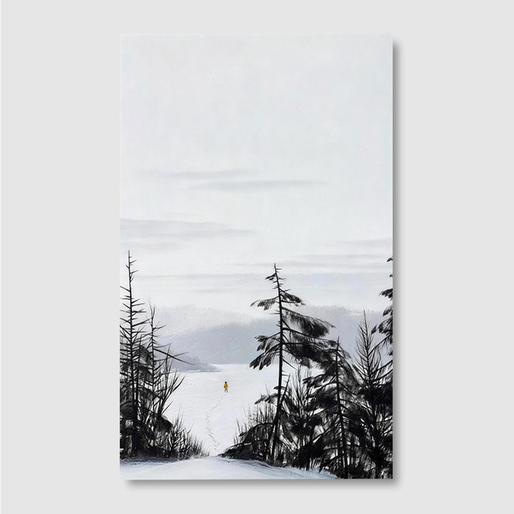 Winter Pines and Distant Water canvas wall art, front product mockup on a light background.