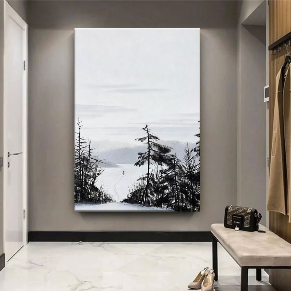 Winter Pines and Distant Water canvas wall art, styled room mockup 2.