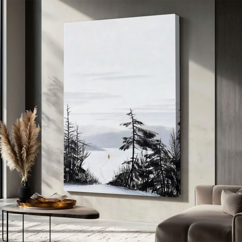 Winter Pines and Distant Water canvas wall art, styled room mockup 3.