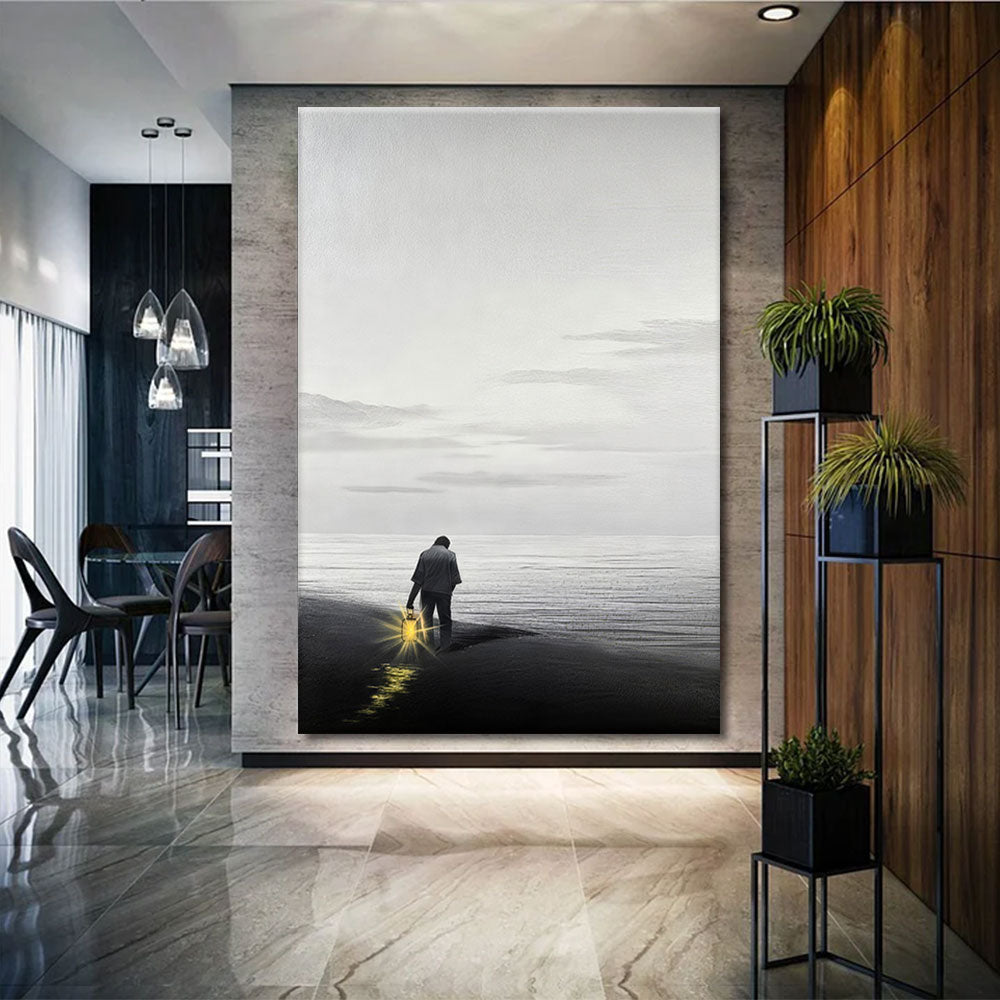 A Lantern by the Shore canvas wall art, styled room mockup 1.