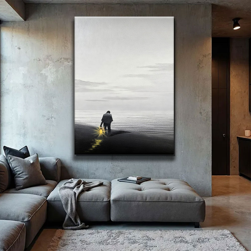A Lantern by the Shore canvas wall art, styled room mockup 4.