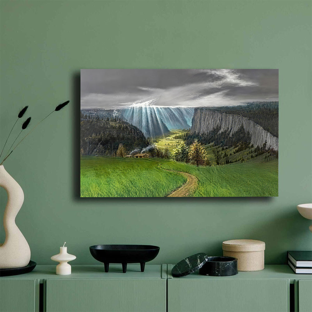 Mountain Meadow After the Storm canvas wall art, styled room mockup 1.