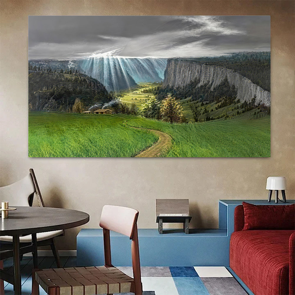 Mountain Meadow After the Storm canvas wall art, styled room mockup 3.