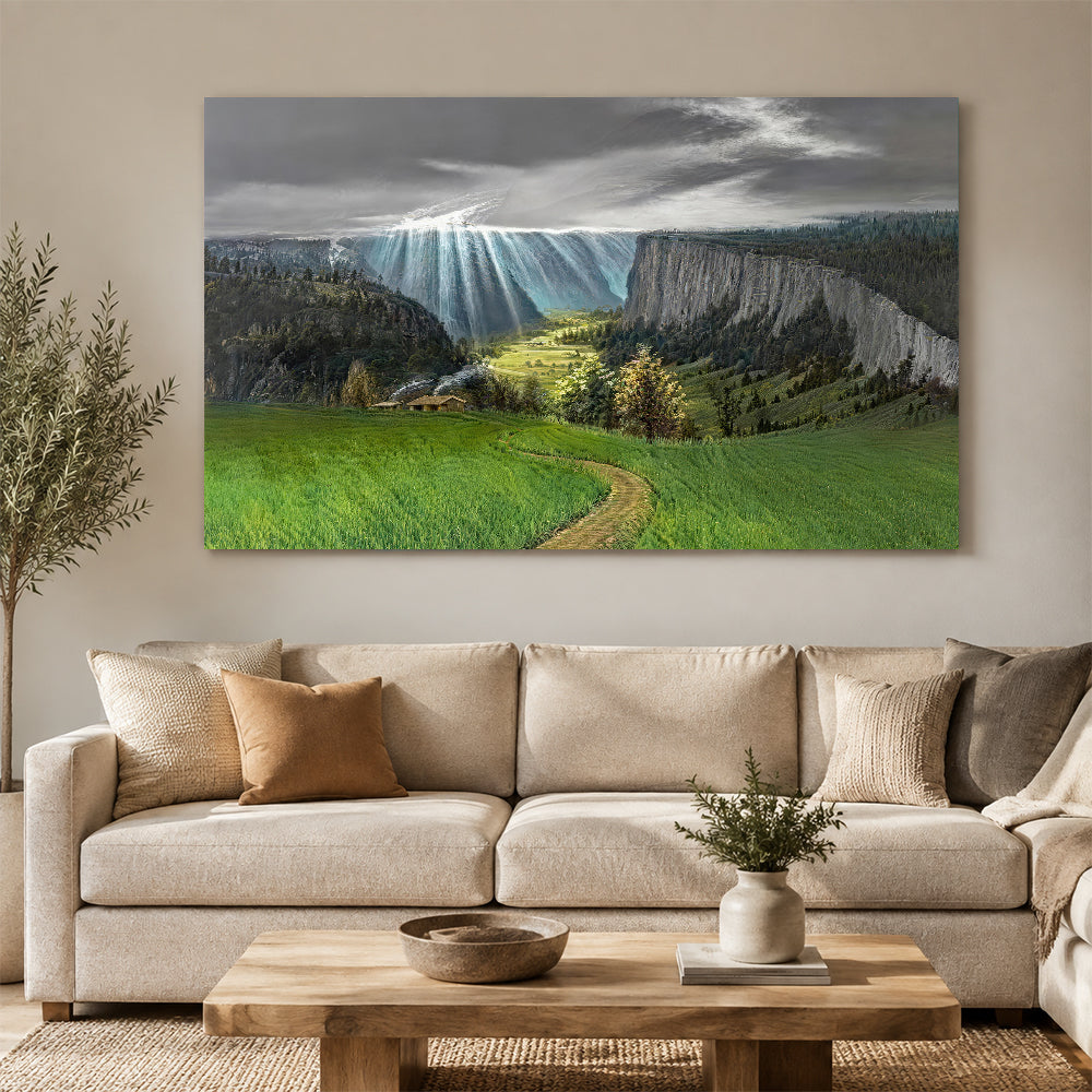 Mountain Meadow After the Storm canvas wall art, styled room mockup 4.