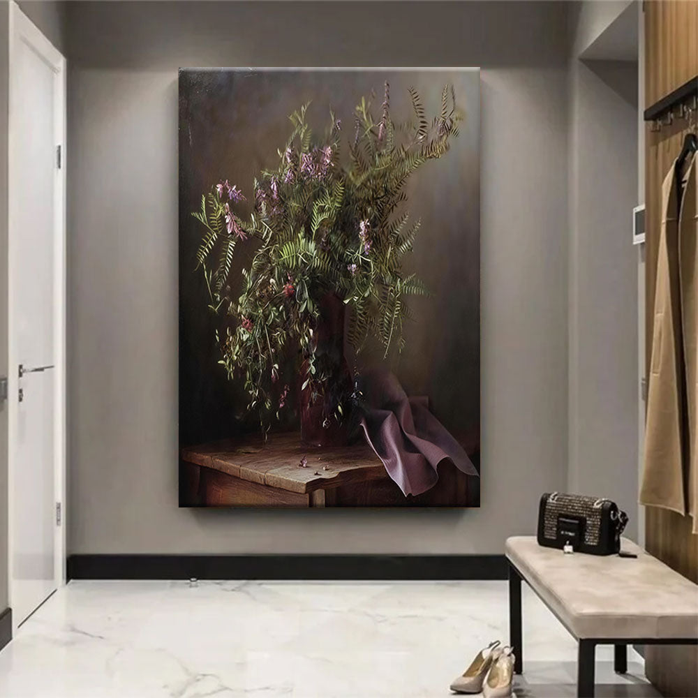 Wildflowers and Plum Ribbon canvas wall art, styled room mockup 1.