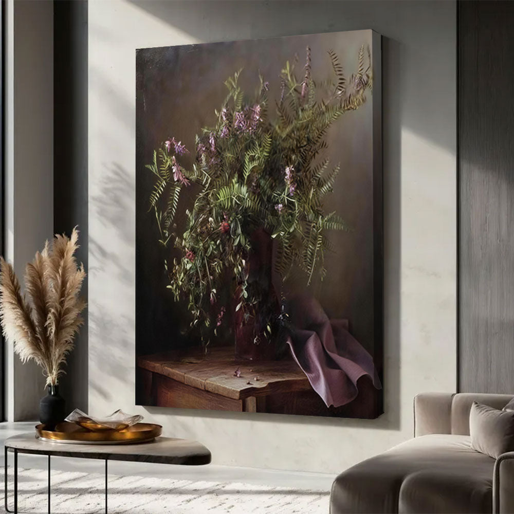 Wildflowers and Plum Ribbon canvas wall art, styled room mockup 2.