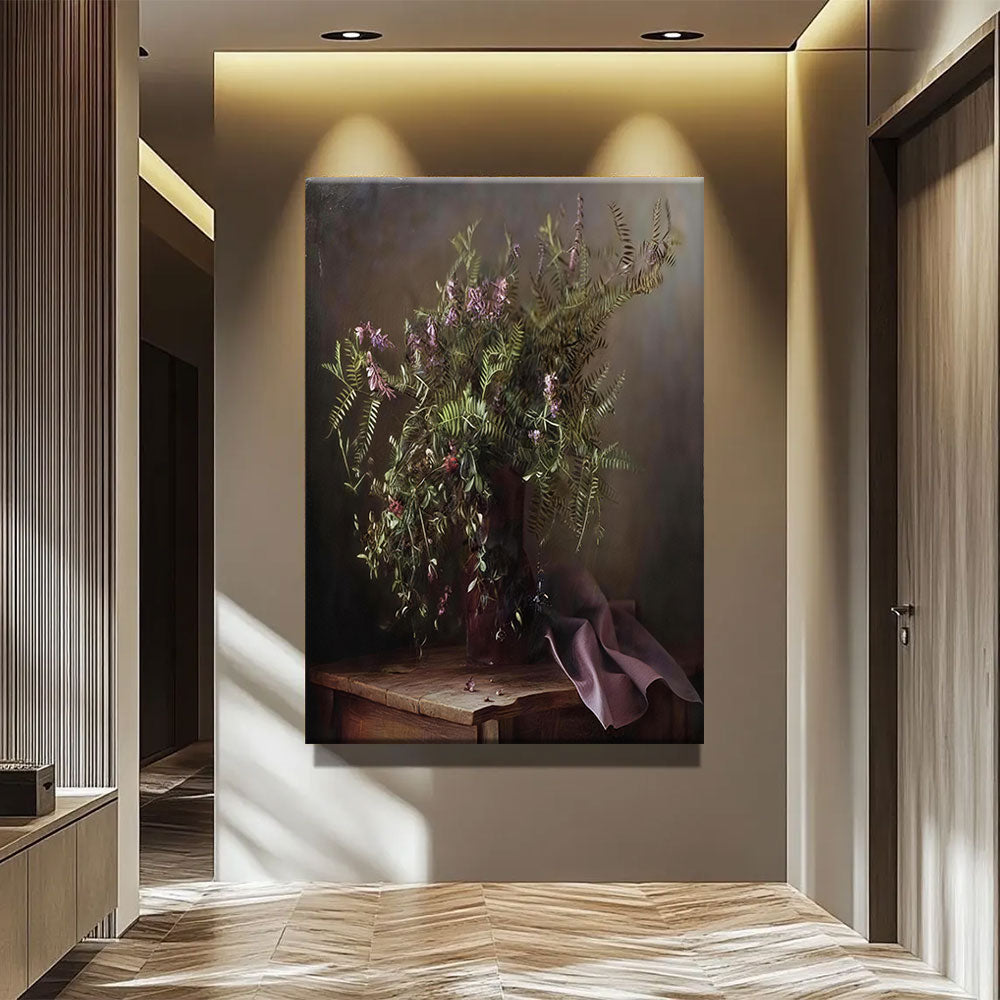 Wildflowers and Plum Ribbon canvas wall art, styled room mockup 3.