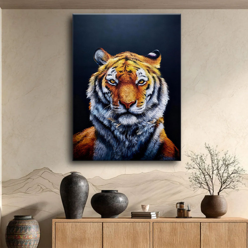 Tiger in the Dark canvas wall art, styled room mockup 1.
