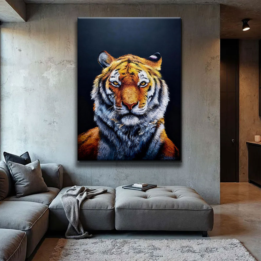 Tiger in the Dark canvas wall art, styled room mockup 2.