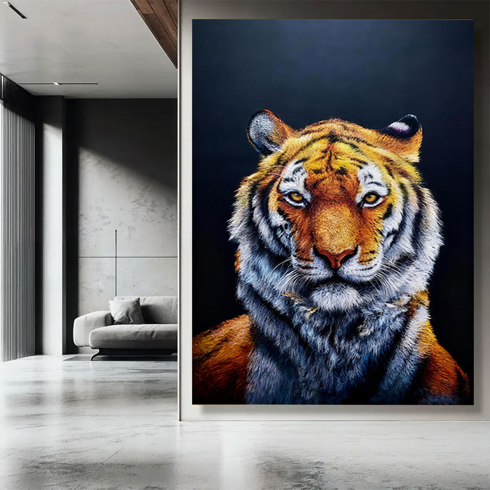 Tiger in the Dark canvas wall art, styled room mockup 3.