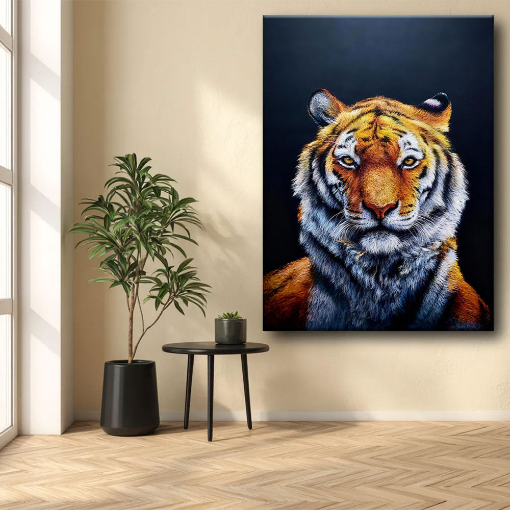 Tiger in the Dark canvas wall art, styled room mockup 4.