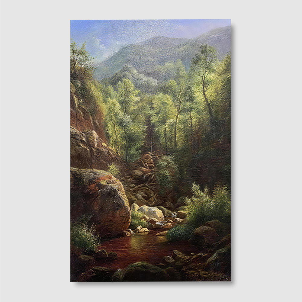 Rocky Stream in the Hills canvas wall art, front product mockup on a light background.