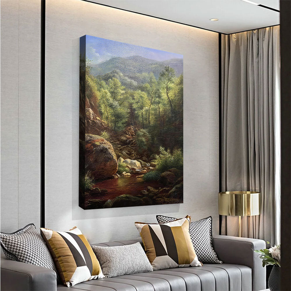 Rocky Stream in the Hills canvas wall art, styled room mockup 1.