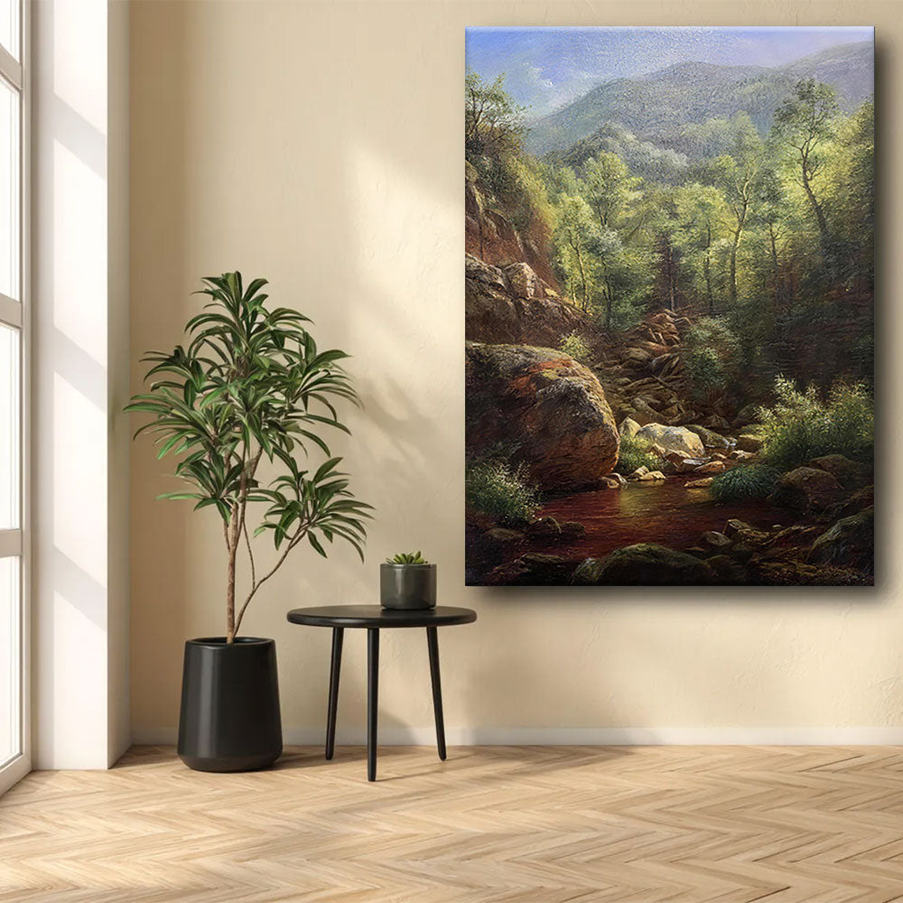 Rocky Stream in the Hills canvas wall art, styled room mockup 2.