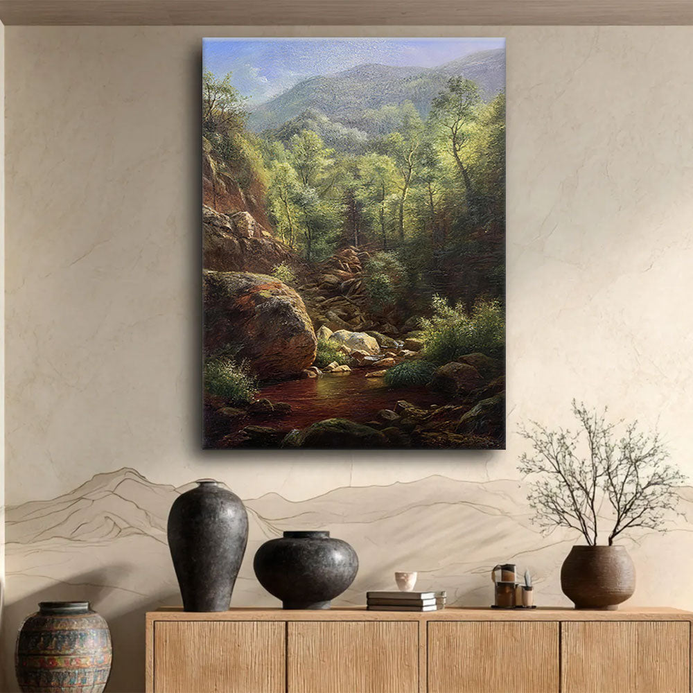 Rocky Stream in the Hills canvas wall art, styled room mockup 3.
